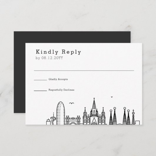 バルセロナでの結婚式 | スタイライズされたスカイライン 返信ハガキ 出欠カード (正面/裏面)