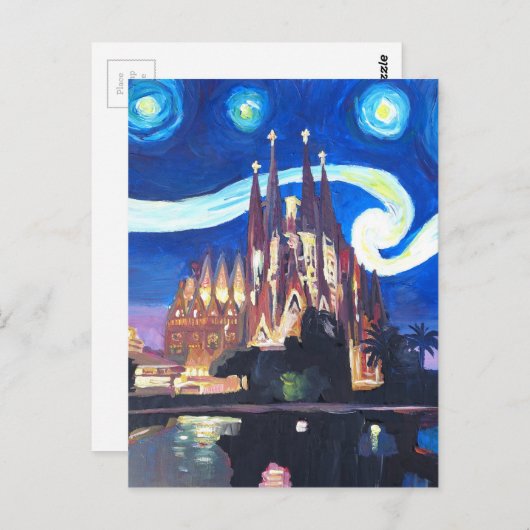 バルセロナのサグラダ・ファミリアでの星空の夜 ポストカード (正面/裏面)