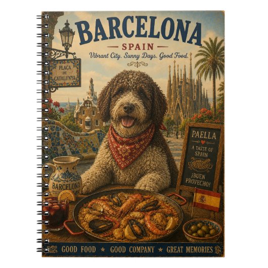 バルセロナのスペイン水犬 ビンテージ旅行アート ノートブック (正面)