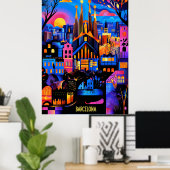 バルセロナカラフルの夢 – 幾何学的な街並み ポスター (ホームオフィス)