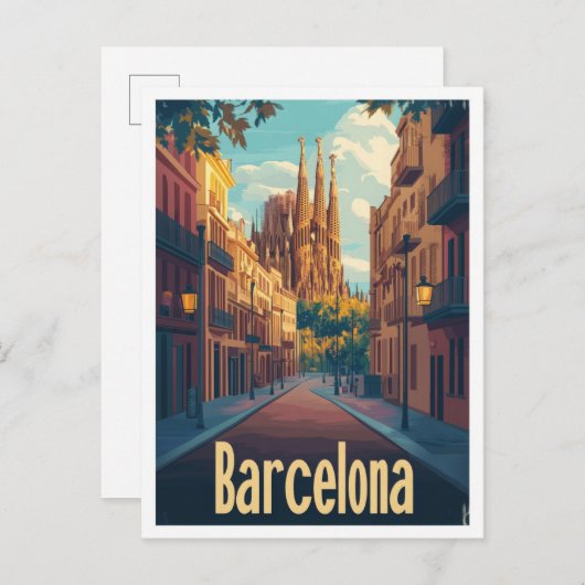 バルセロナスペインアートヴィンテージトラベルイラストレーション ポストカード (正面/裏面)