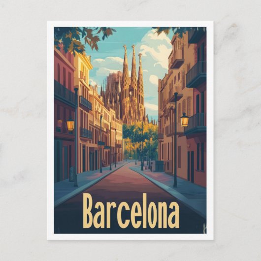 バルセロナスペインアートヴィンテージトラベルイラストレーション ポストカード (正面)