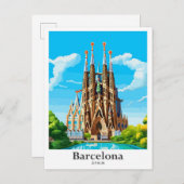 バルセロナスペインアートヴィンテージトラベルイラストレーション ポストカード (正面/裏面)