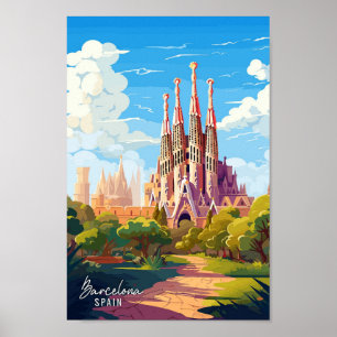 バルセロナスペインアートヴィンテージ旅行イラストレーション ポスター