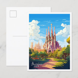バルセロナスペインアートヴィンテージ旅行イラストレーション ポストカード