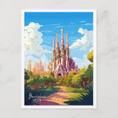 バルセロナスペインアートヴィンテージ旅行イラストレーション ポストカード (正面)