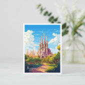 バルセロナスペインアートヴィンテージ旅行イラストレーション ポストカード (スタンド正面)