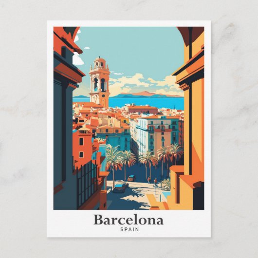 バルセロナスペイントラベルアートヴィンテージイラストレーション ポストカード (正面)