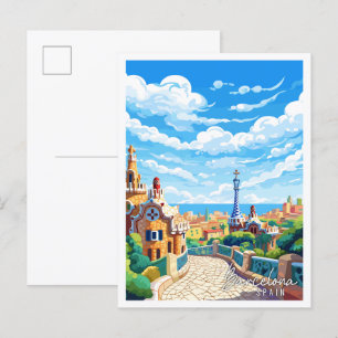 バルセロナスペインヴィンテージ旅行イラストレーション ポストカード