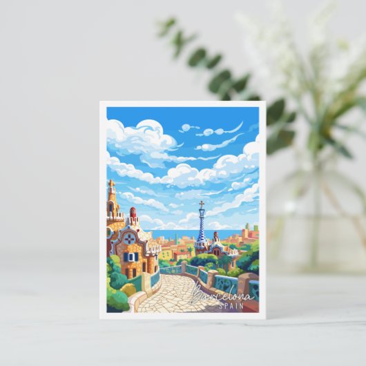 バルセロナスペインヴィンテージ旅行イラストレーション ポストカード (スタンド正面)