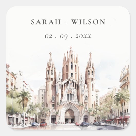 バルセロナスペイン大聖堂ウォーター結婚カラー スクエアシール (正面)