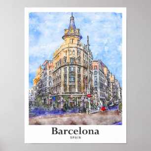 バルセロナスペイン旅行水彩手描き ポスター