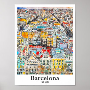 バルセロナスペイン旅行水彩手描き ポスター