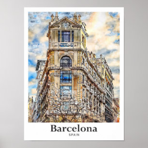 バルセロナスペイン旅行水彩手描き ポスター