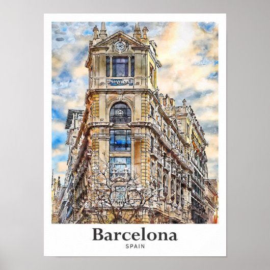 バルセロナスペイン旅行水彩手描き ポスター (正面)