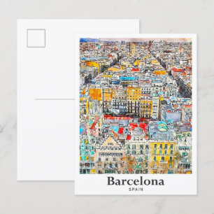 バルセロナスペイン旅行水彩手描き ポストカード