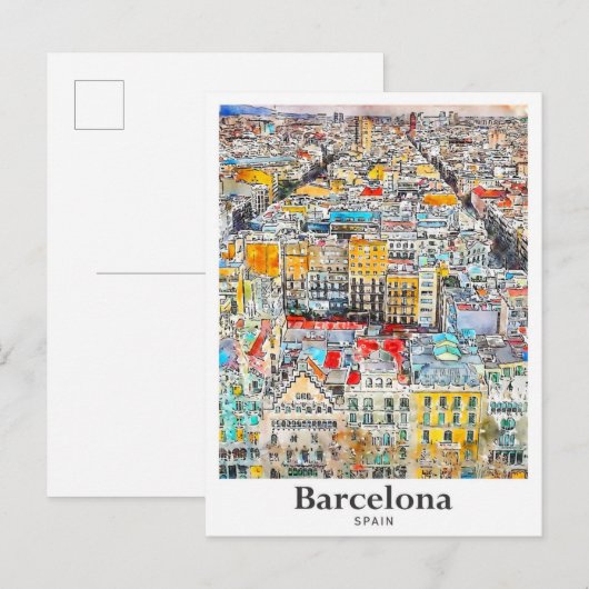 バルセロナスペイン旅行水彩手描き ポストカード (正面/裏面)