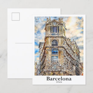 バルセロナスペイン旅行水彩手描き ポストカード
