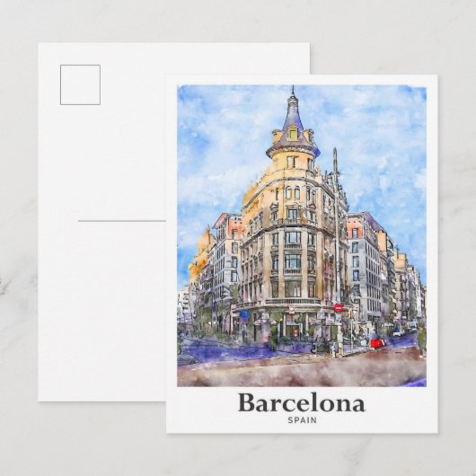 バルセロナスペイン旅行水彩手描き ポストカード (正面/裏面)