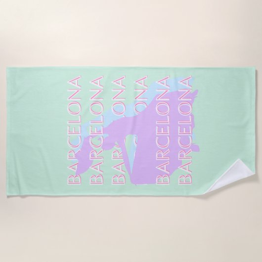 バルセロナトラベルアート，スペインアート，パステル，グリーン ビーチタオル (正面)