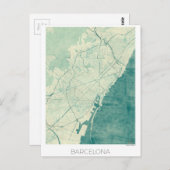 バルセロナマップブルーヴィンテージ水彩 ポストカード (正面/裏面)