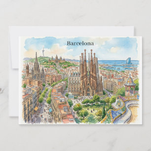バルセロナ スペイン 都市景観 水彩イラスト カード