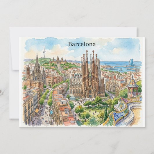 バルセロナ スペイン 都市景観 水彩イラスト カード (正面)