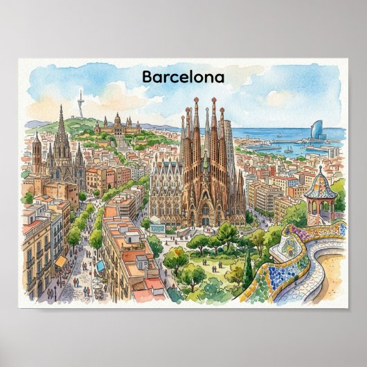 バルセロナ スペイン 都市景観 水彩イラスト ポスター (正面)