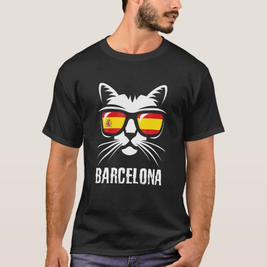 バルセロナ 猫 スペインの旗 Tシャツ (正面)