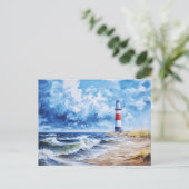 バルト海沿岸のホワイトレッドライトハウス。アート ポストカード (スタンド正面)