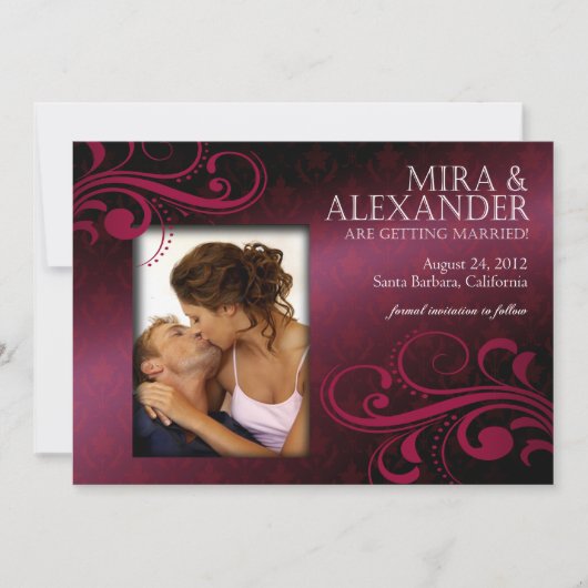 バルビゾン ダマスク スクロール - フューシャ | マゼンタ ウェディング 招待状 (正面)