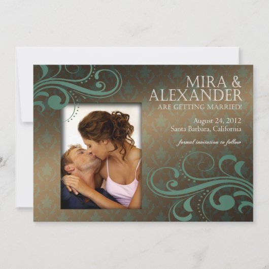 バルビゾン ダマスク スクロール - ブラウン|ターコイズ 結婚式 招待状 (正面)