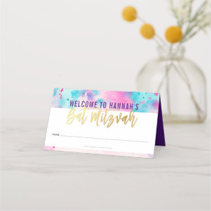 バルミツワーかわいいピンクの紫のアクア金ゴールド水彩色 プレイスカード