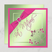 バルミツワーのピンク、緑、および黄色の招待状 招待状 (正面/裏面)