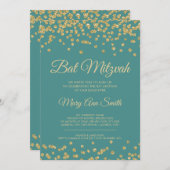 バルミツワーの金ゴールドのフェイクなグリッターの紙吹雪のティール（緑がかった色） 招待状 (正面/裏面)