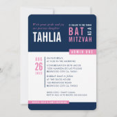 バルミツワーはっきりしたブロックモダンネイビーピンク白 招待状 (正面)