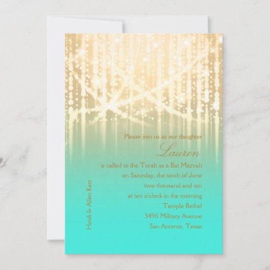 バルミツワーアクアグリーンと金ゴールドスパークリライト 招待状 (正面)