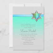バルミツワーアクアグリーングラデーションリボンとスター 招待状 (正面)