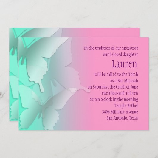 バルミツワーアクア蝶と任意のグラデーション色 招待状 (正面/裏面)