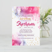 バルミツワーウォーターカラーグリッターピンク&金ゴールド 招待状 (スタンド正面)