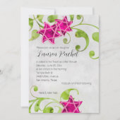 バルミツワーウォーターカラースターフローラデザインピンク 招待状 (正面)