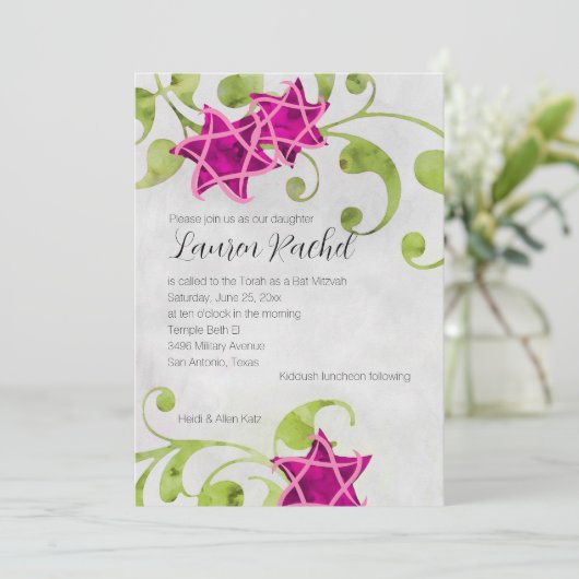 バルミツワーウォーターカラースターフローラデザインピンク 招待状 (スタンド正面)