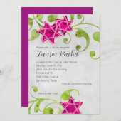 バルミツワーウォーターカラースターフローラデザインピンク 招待状 (正面/裏面)