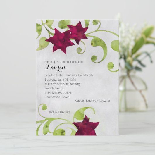 バルミツワーウォーターカラースターフローラデザインレッド 招待状 (スタンド正面)