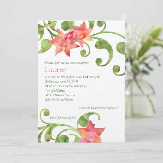バルミツワーウォーターカラーフローラデザイン 招待状 (スタンド正面)