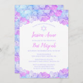 バルミツワーウォーターカラーフローラピンクブルーアジサイ 招待状 (正面/裏面)