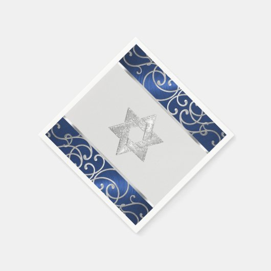 バルミツワーエレガントネイビーブルーとシルバーフィリグリー スタンダードカクテルナプキン (角)