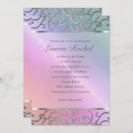 バルミツワーエレガントパールピンクシルバーフィリグリー 招待状