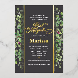 バルミツワーエレガントフローラスクリプ実在ト金ゴールド 箔招待状