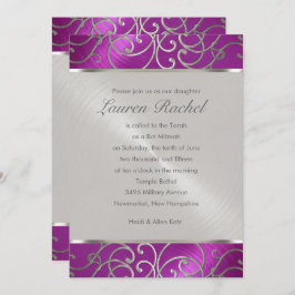 バルミツワーエレガントラズベリーピンクシルバーフィリグリー 招待状